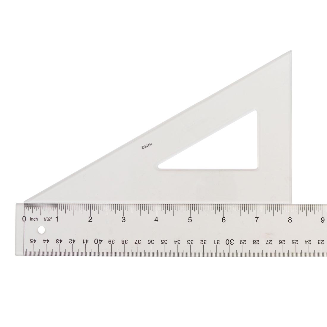 Triangular Scale with 30 and 60 Degree angles; shown with a ruler to measure the length of 8"