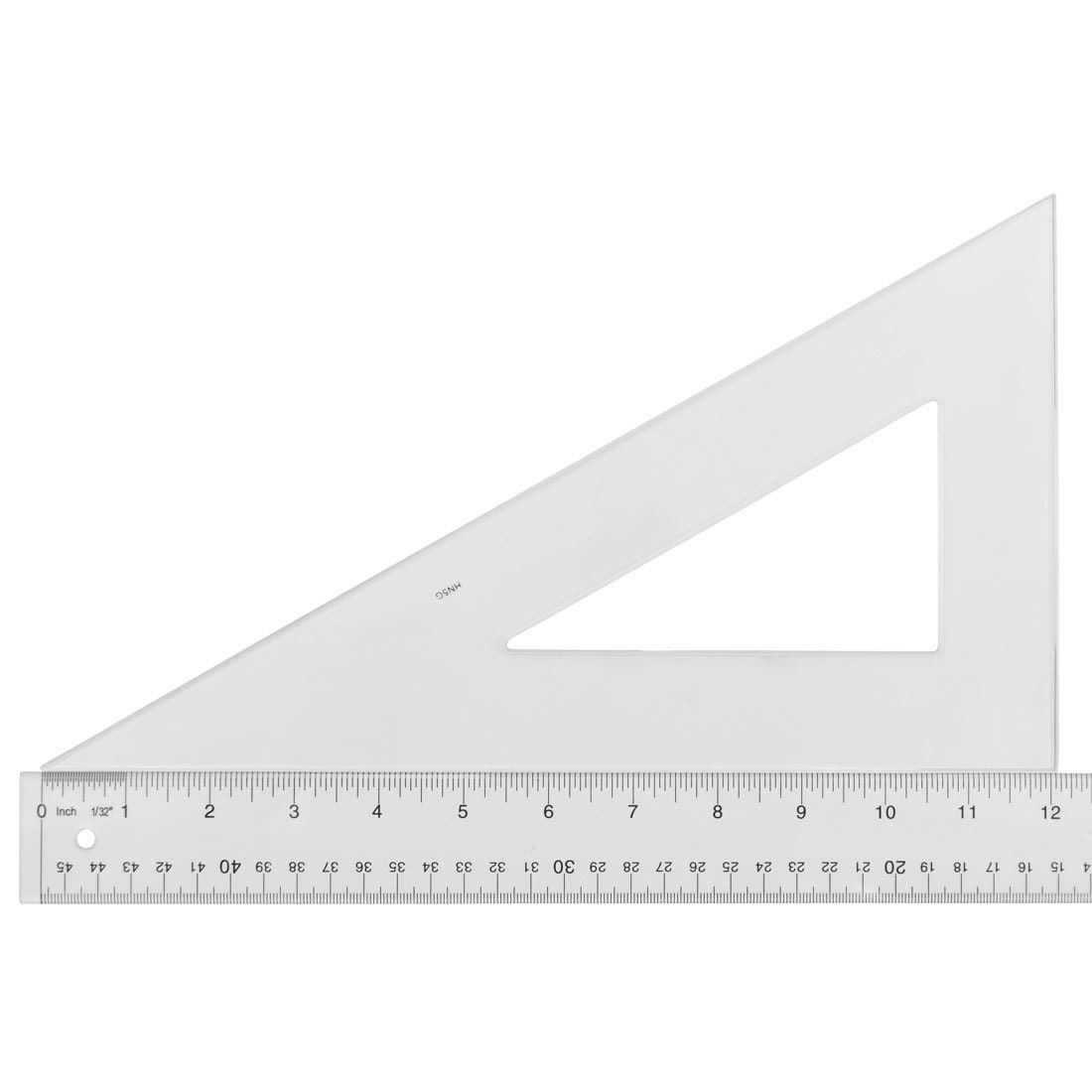 Triangular Scale with 30 and 60 Degree angles; shown with a ruler to measure the length of 12"