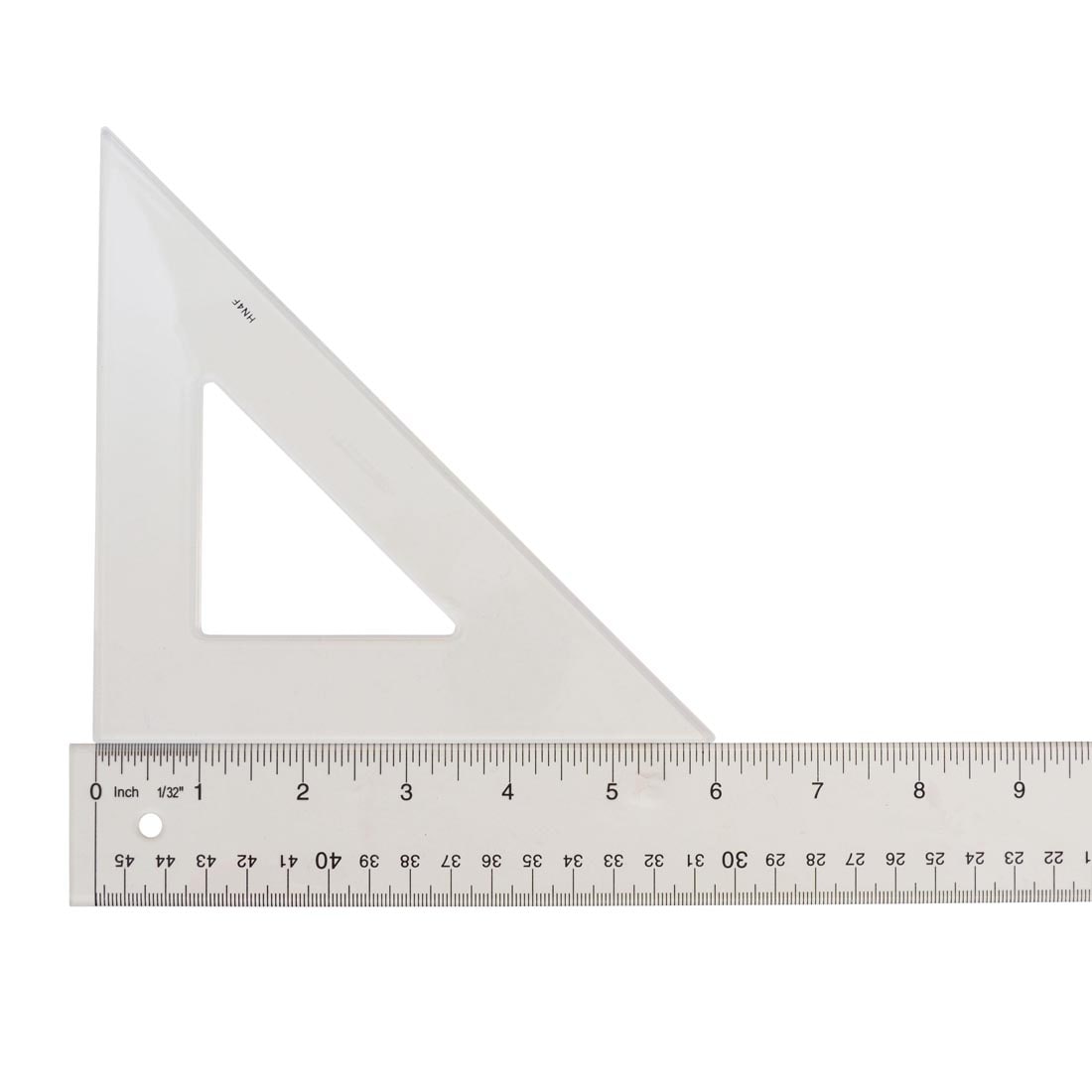 Triangular Scale with 45 and 90 Degree angles; shown with a ruler to measure the length of 6"