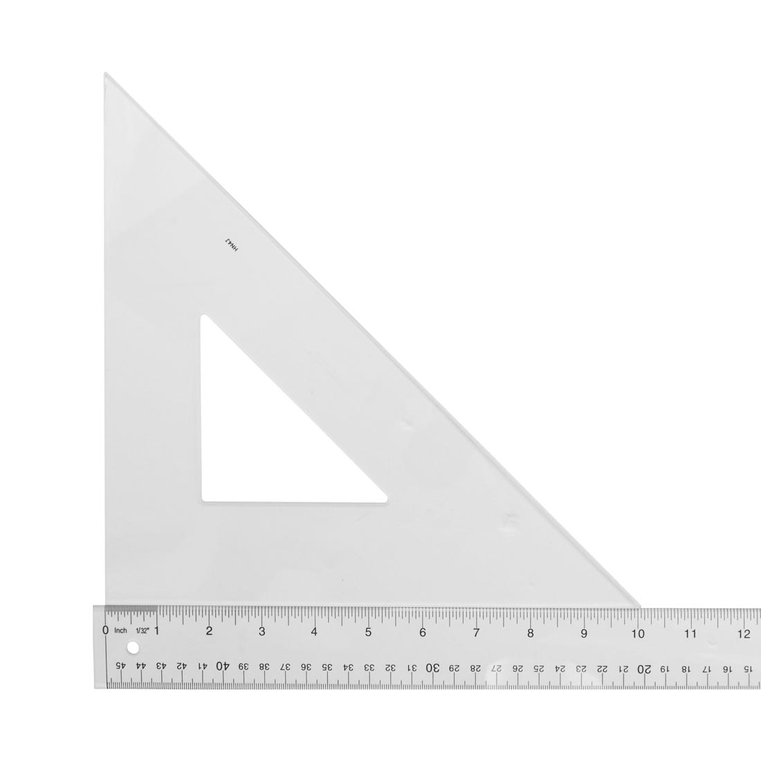 Triangular Scale with 45 and 90 Degree angles; shown with a ruler to measure the length of 10"