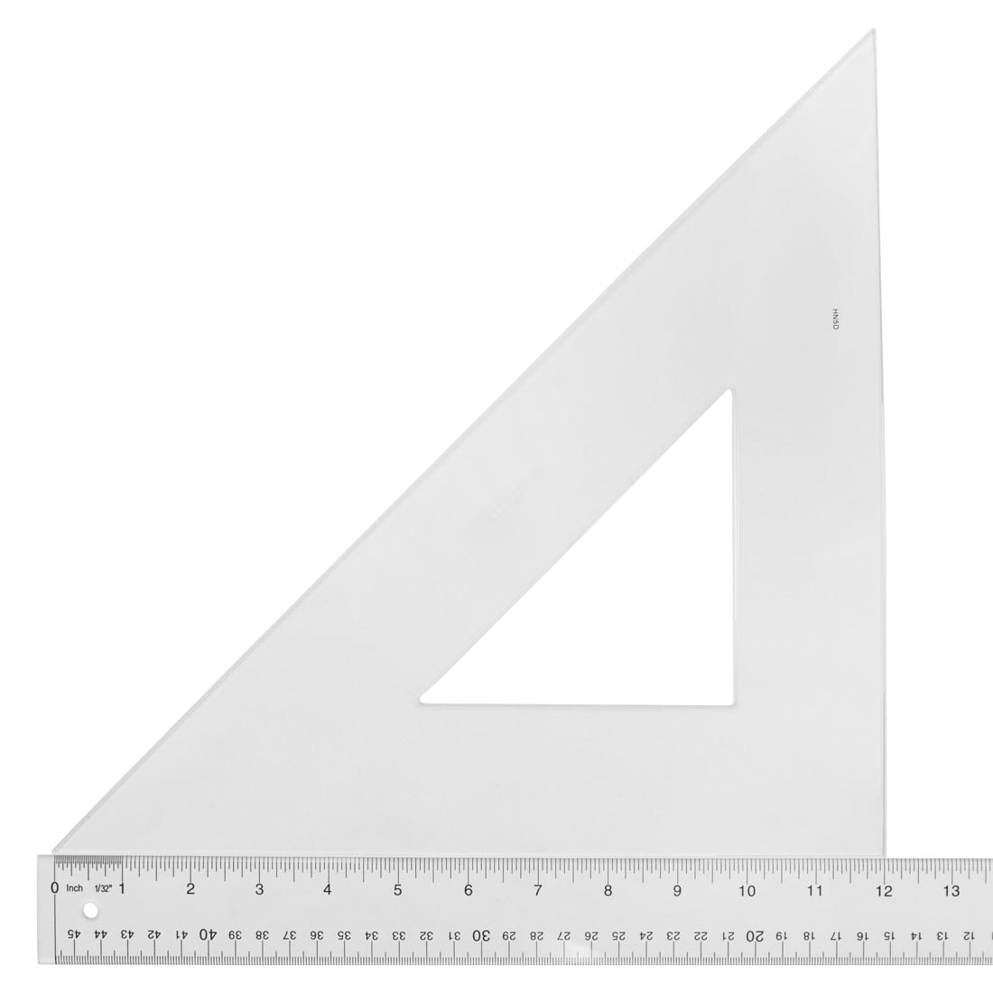 Triangular Scale with 45 and 90 Degree angles; shown with a ruler to measure the length of 12"