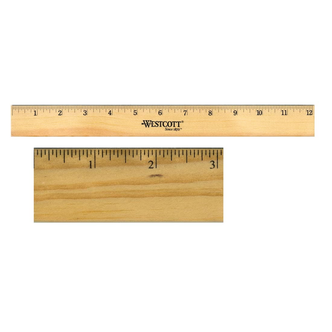 full 12" wooden ruler, plus a closeup of the first three inches to show the scale