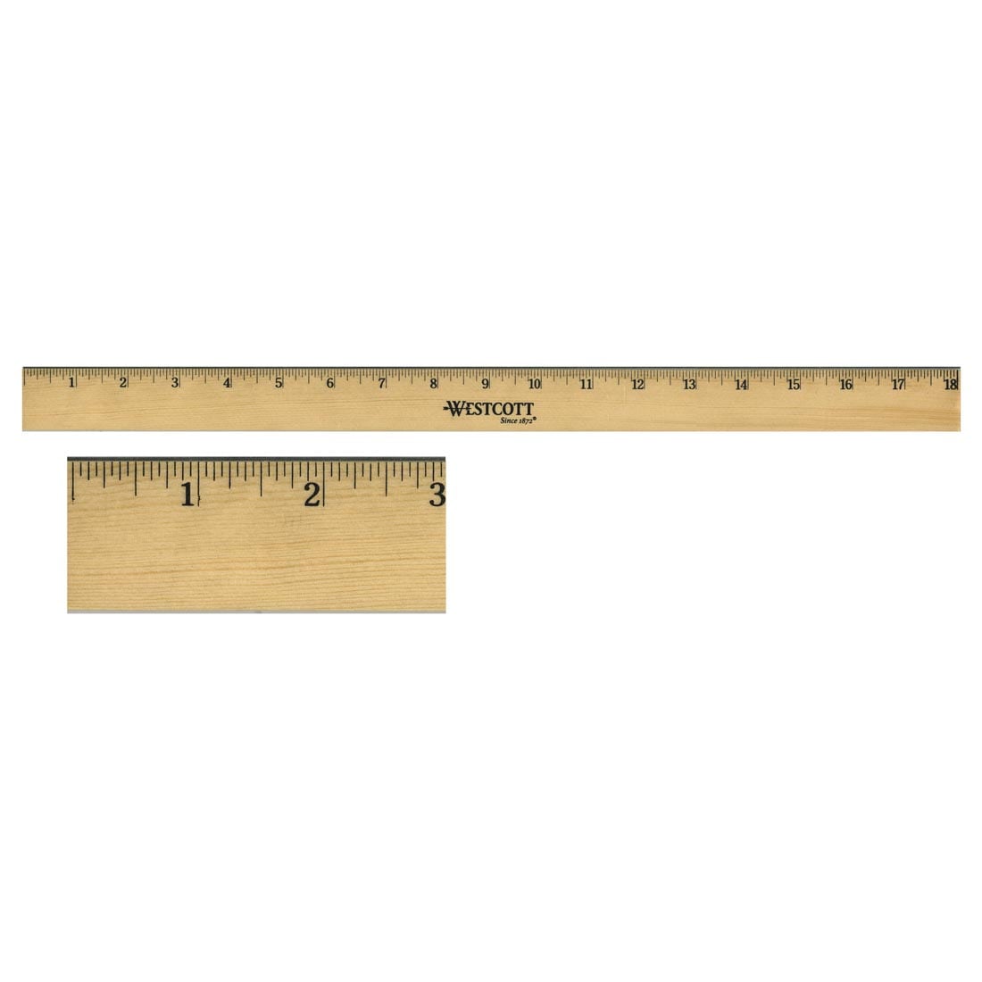 full 18" wooden ruler, plus a closeup of the first three inches to show the scale