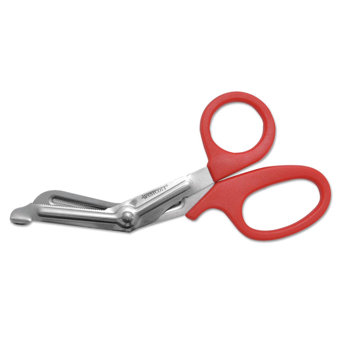 angled scissors with red handles