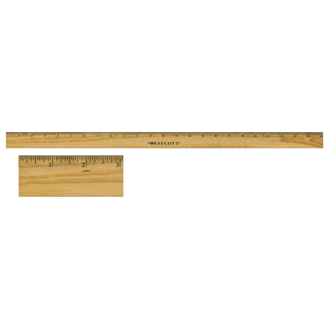 full 24" wooden ruler, plus a closeup of the first three inches to show the scale