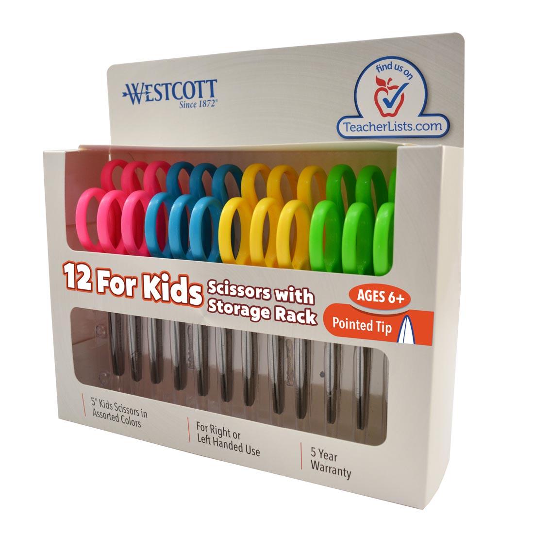 12-pack of kids' scissors with a storage rack