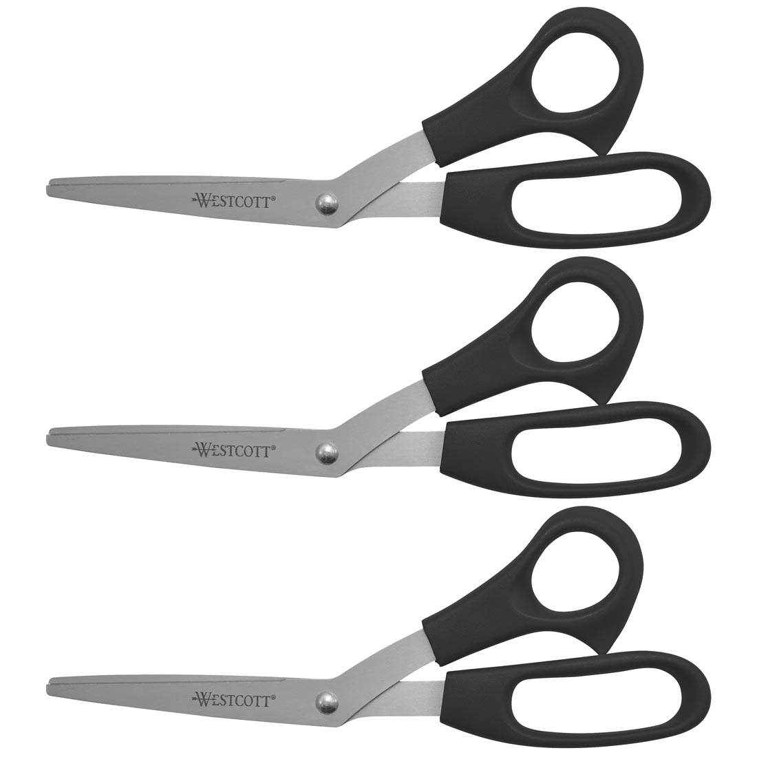three pairs of angled scissors with black handles