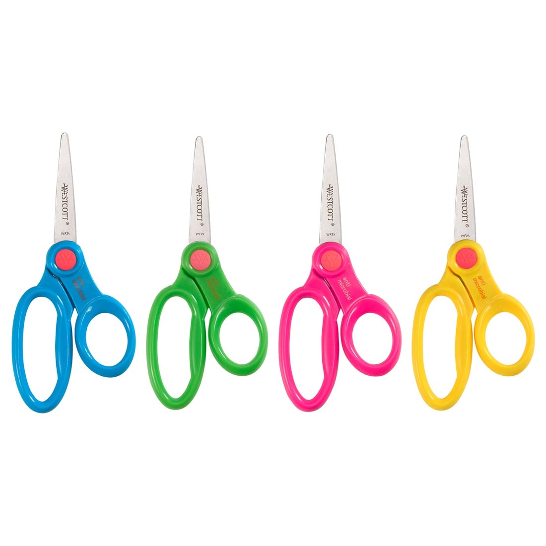 close up of kids' scissors, in 4 different colors