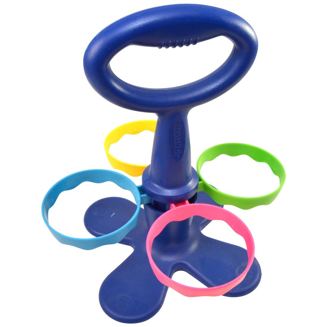 blue caddy with 4 rings for holding cups or kids' scissors