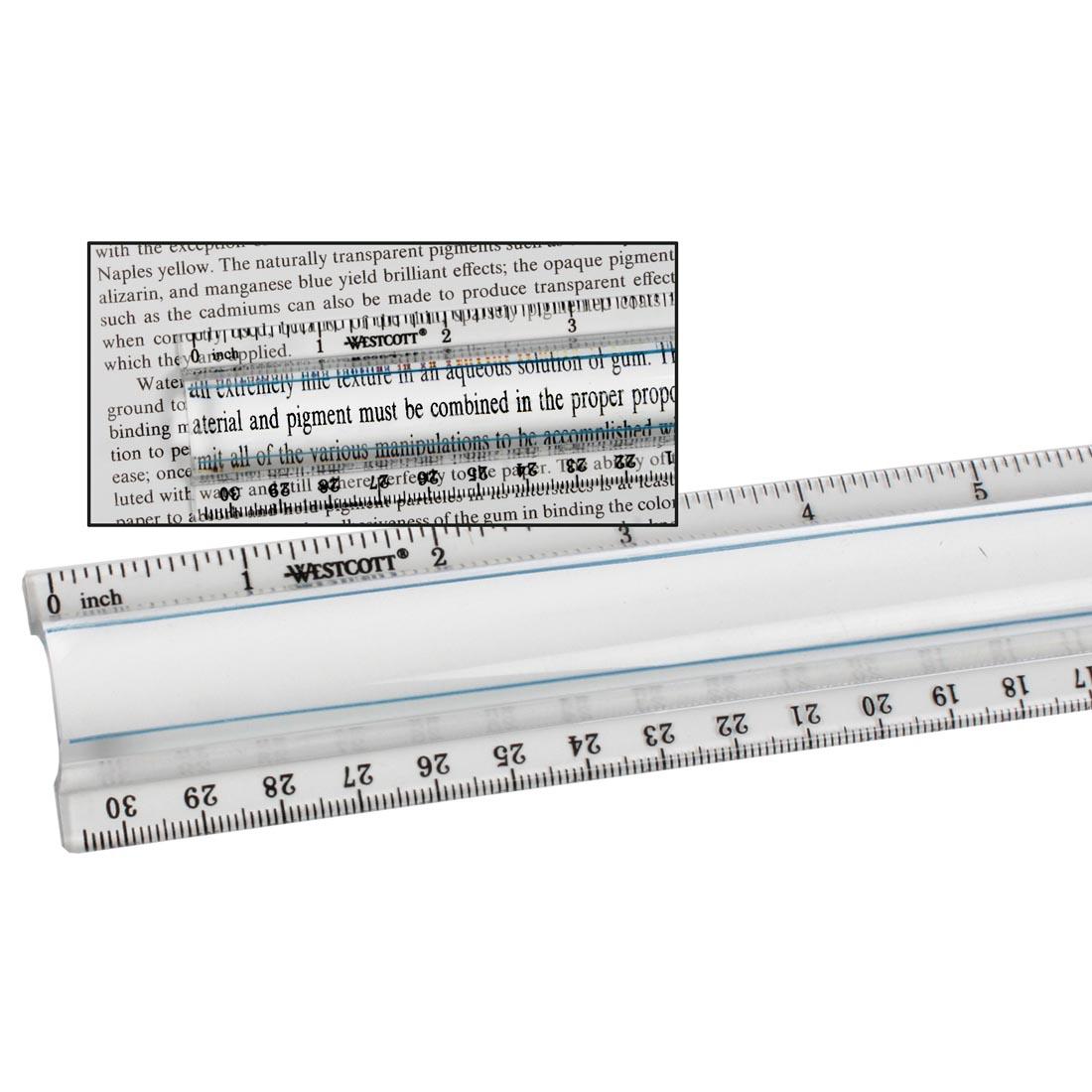 transparent ruler with magnifier in the middle; inset shows it in use on top of text