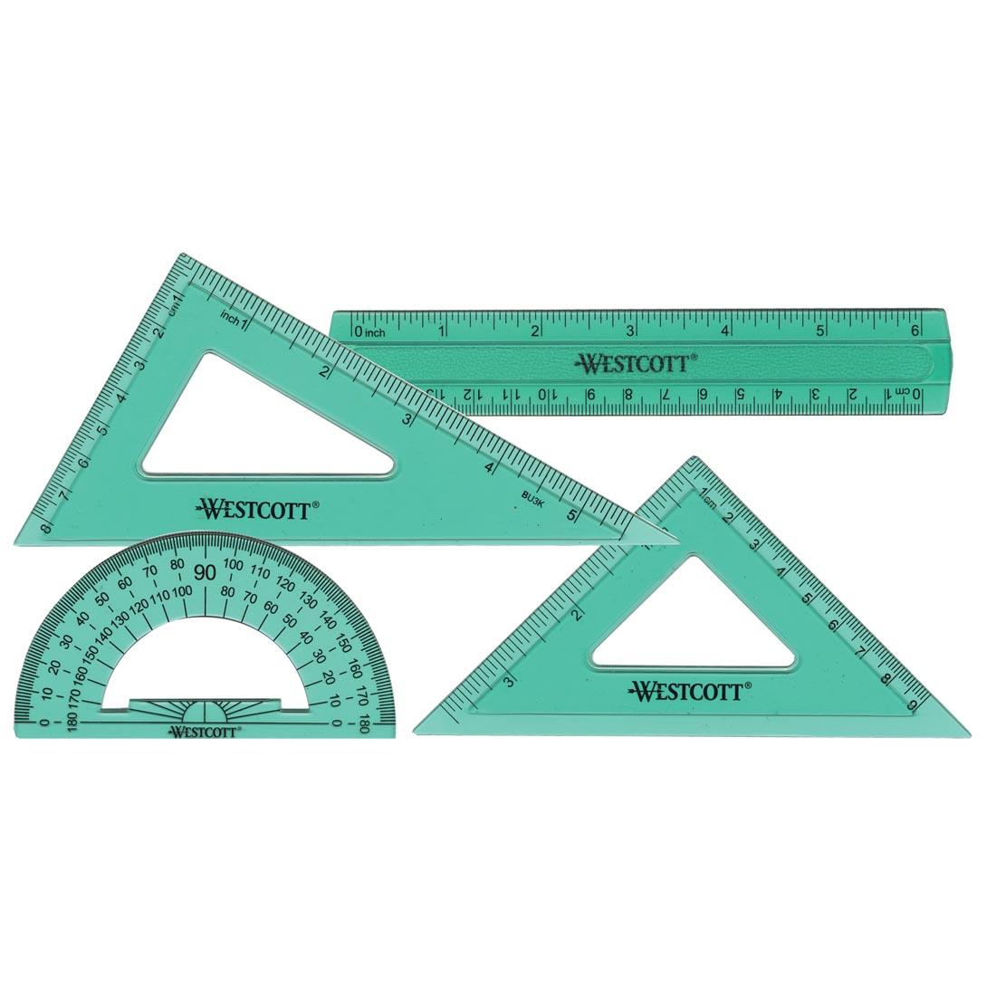 set of 2 triangles, a protractor and a ruler