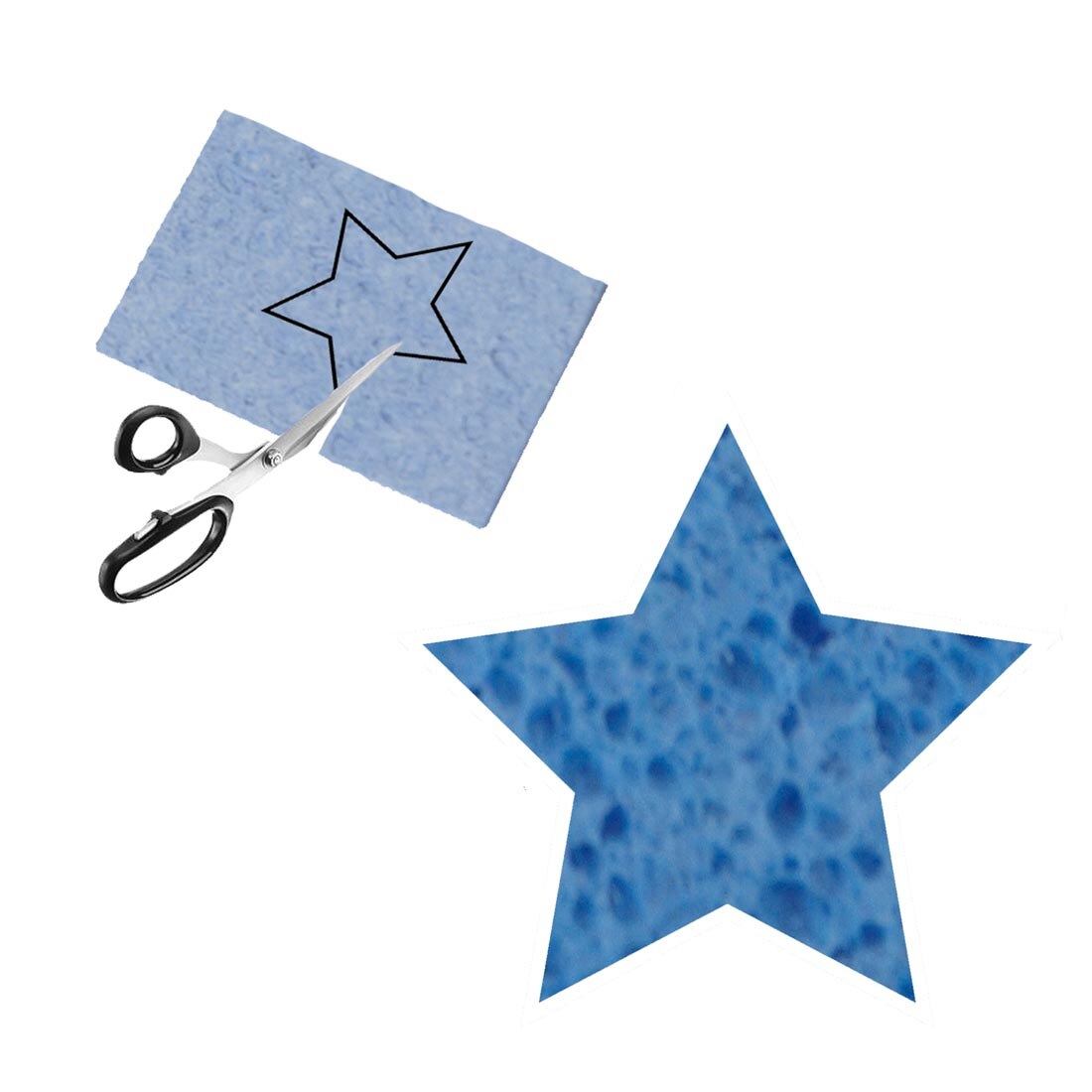 a dry Activa 4x6" Craft Sponge with scissors cutting out a traced star shape plus a closeup of a wet star sponge