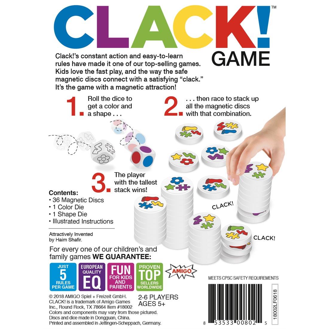 back of package of Clack Magnetic Game showing simple rules