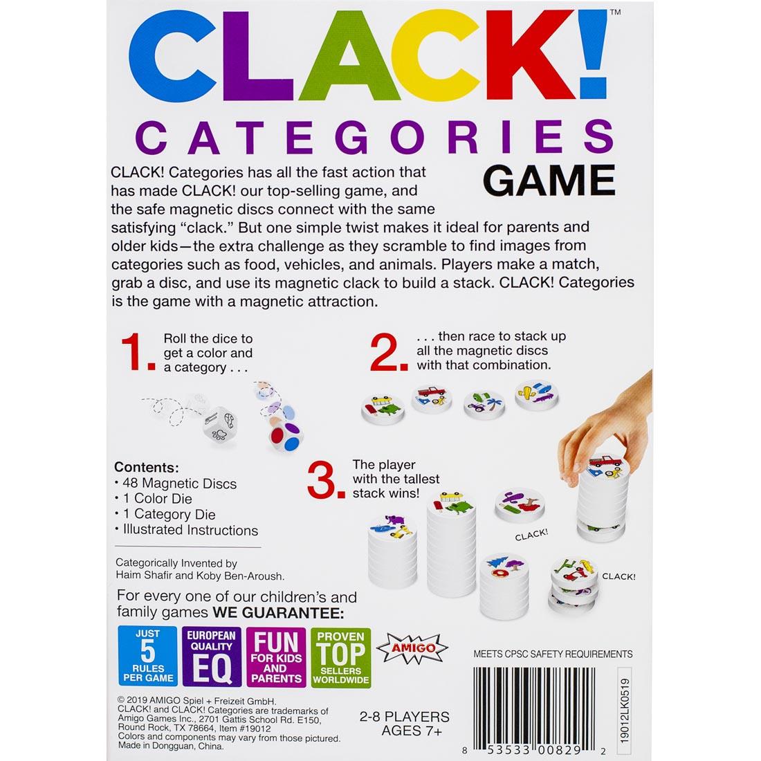 back of package of Clack Categories Game showing simple rules