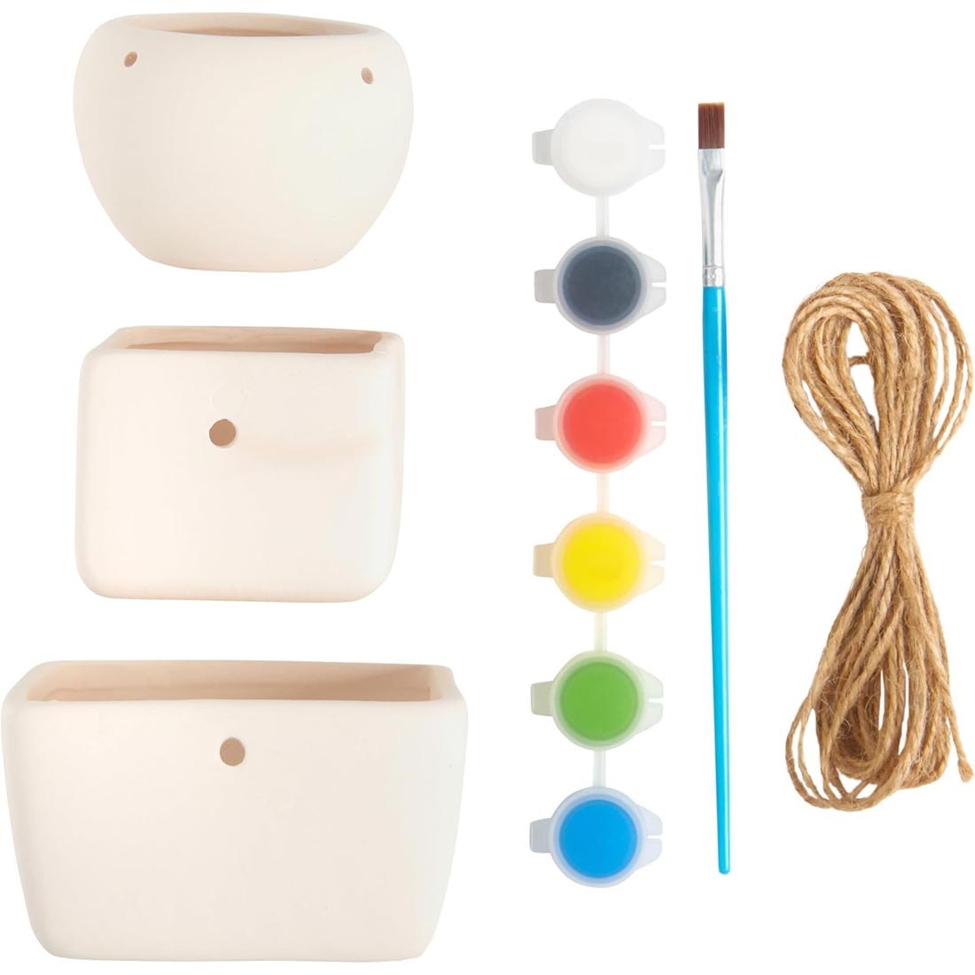 contents of Paint Your Own Hanging Planter Design Kit, including 3 planters, paint pots, brush and rope