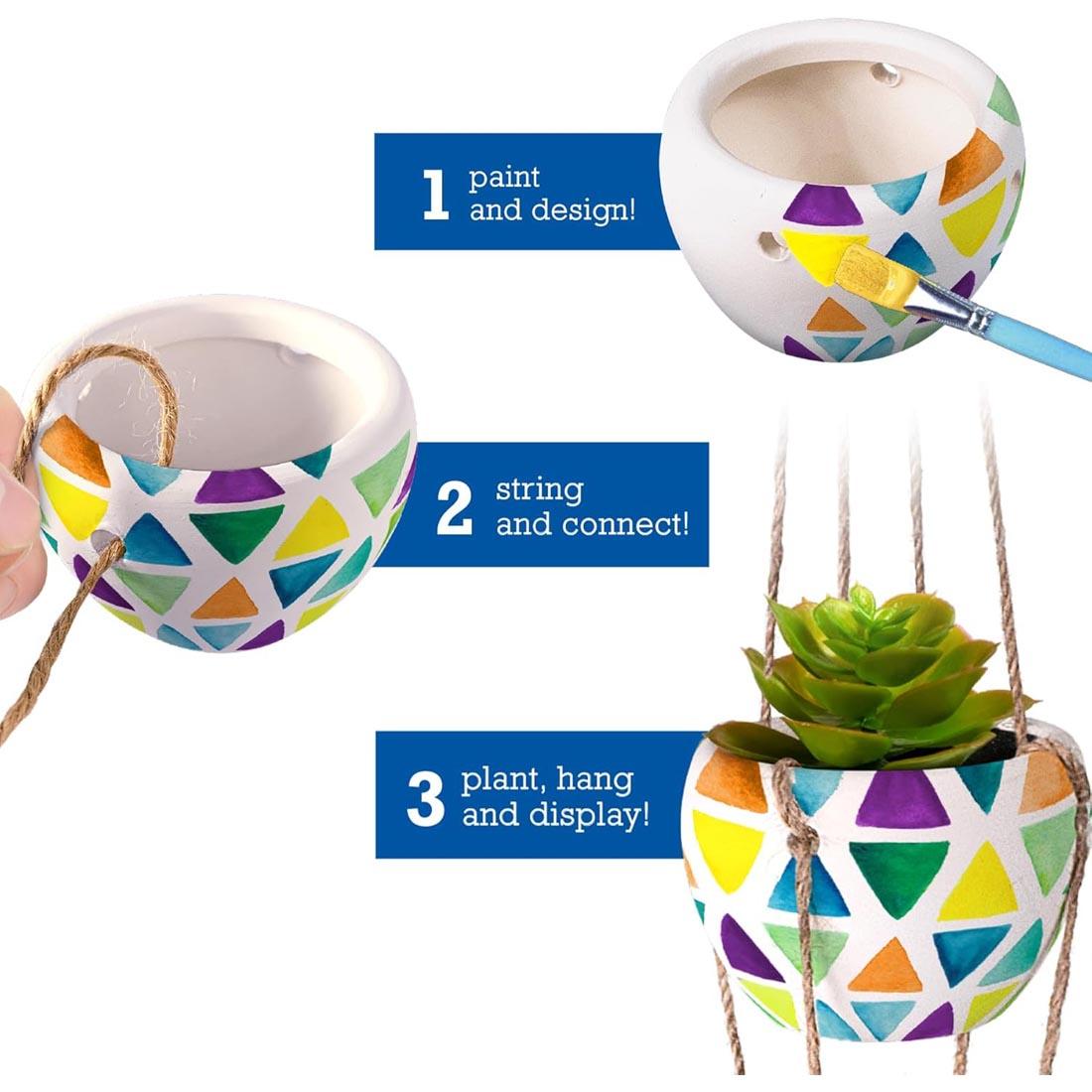 Steps for completing Paint Your Own Hanging Planter Design Kit, with the words: 1 - paint and design! 2 - string and connect! 3 - plant, hang and display!