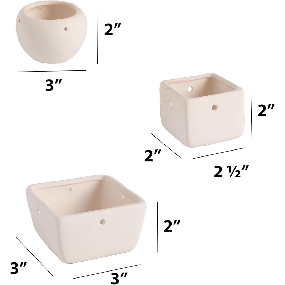3 planters found in Paint Your Own Hanging Planter Design Kit, with dimensions of each planter