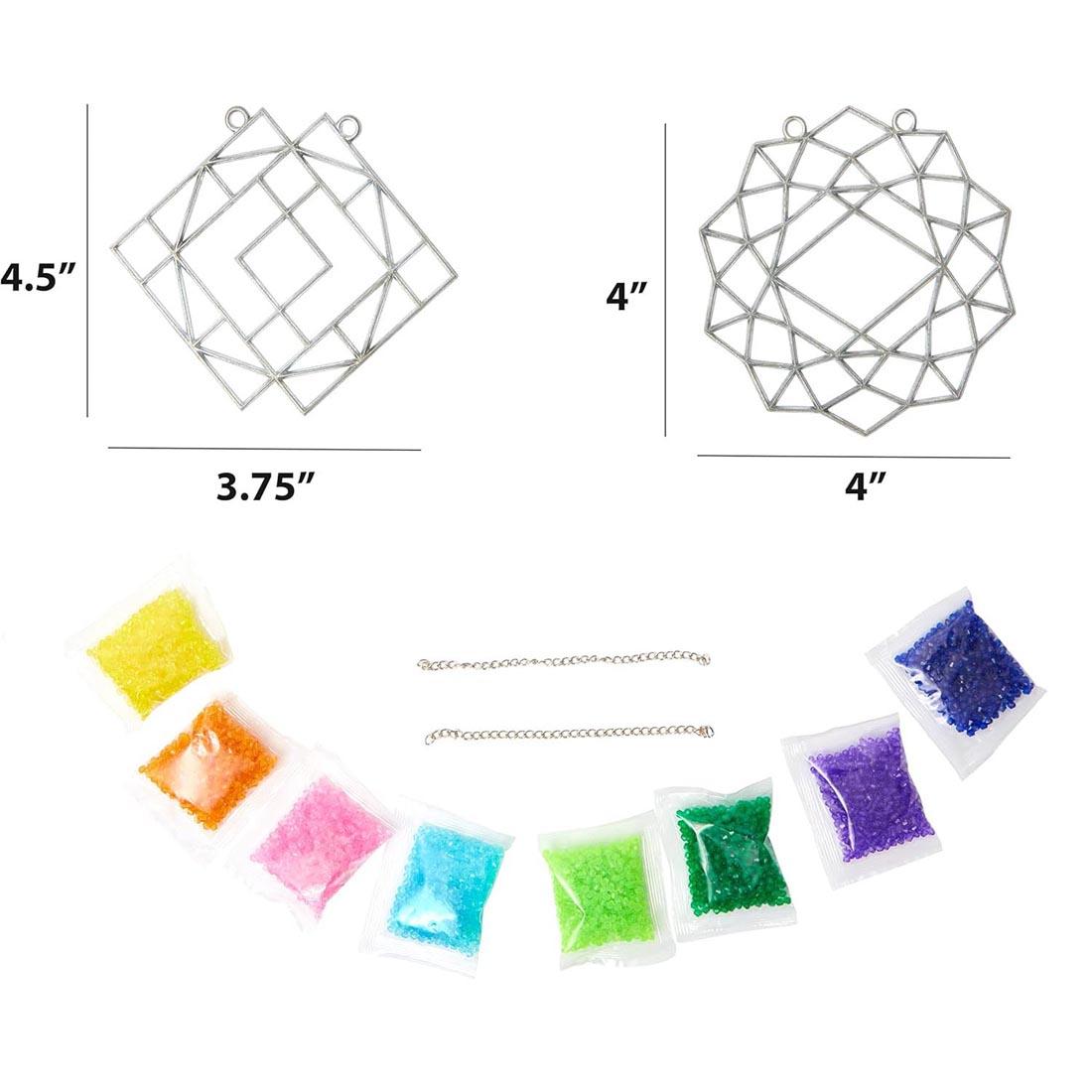 Contents of Color Shine Stained Glass Design Kit, including 8 colors of crystals, 2 metal chains and 2 metal frames