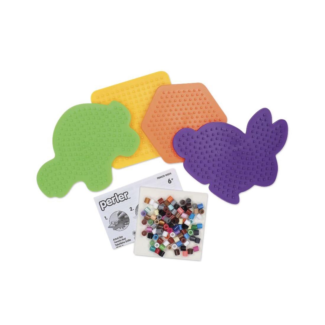 Contents of Perler Beads Woodland Creatures Activity Bucket, including 4 pegboards and package of perler beads