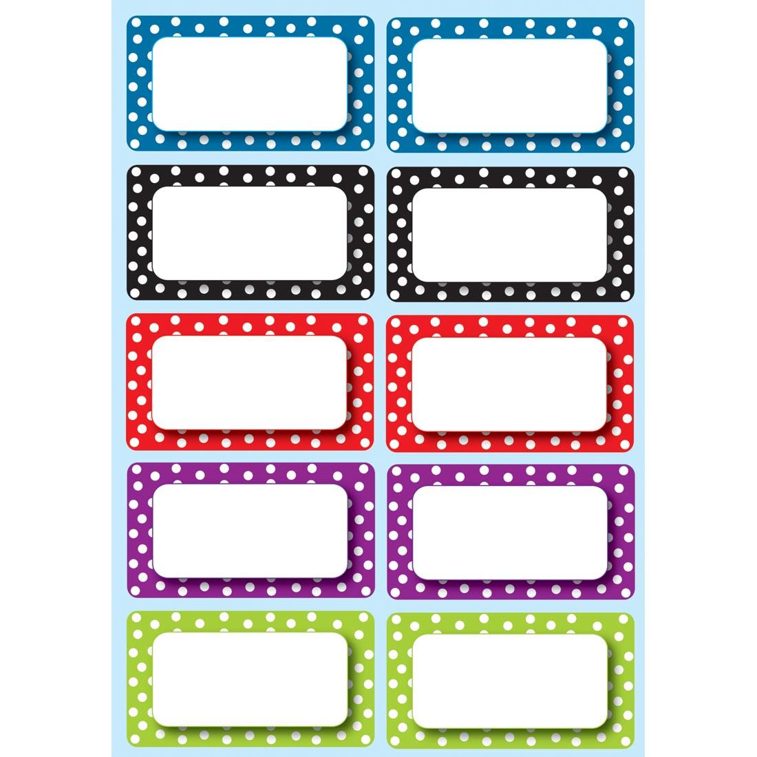 sheet of 10 magnetic labels bordered with bright colors and white polka-dots