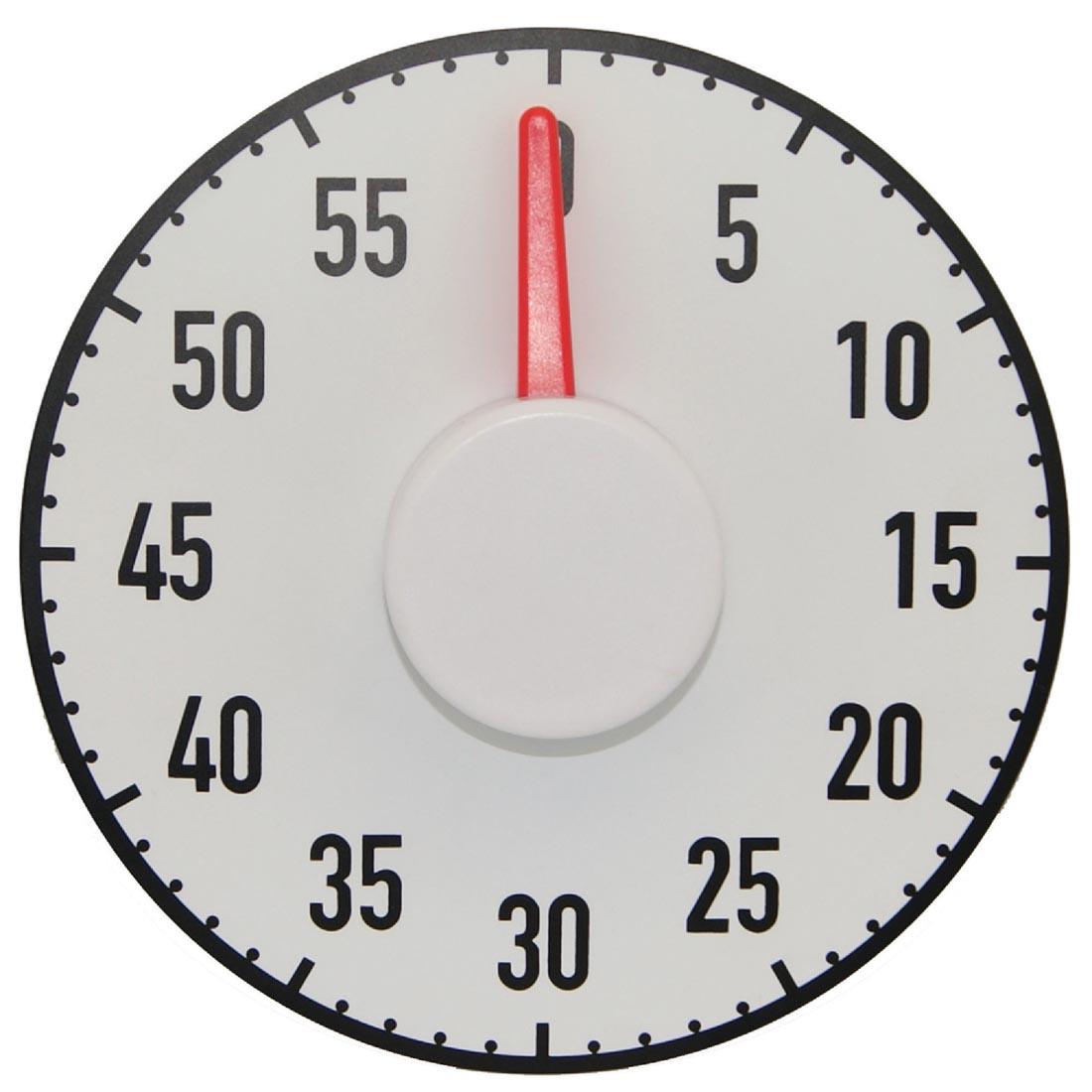 large white analog 60- minute timer with numbers on the 5-minute increments