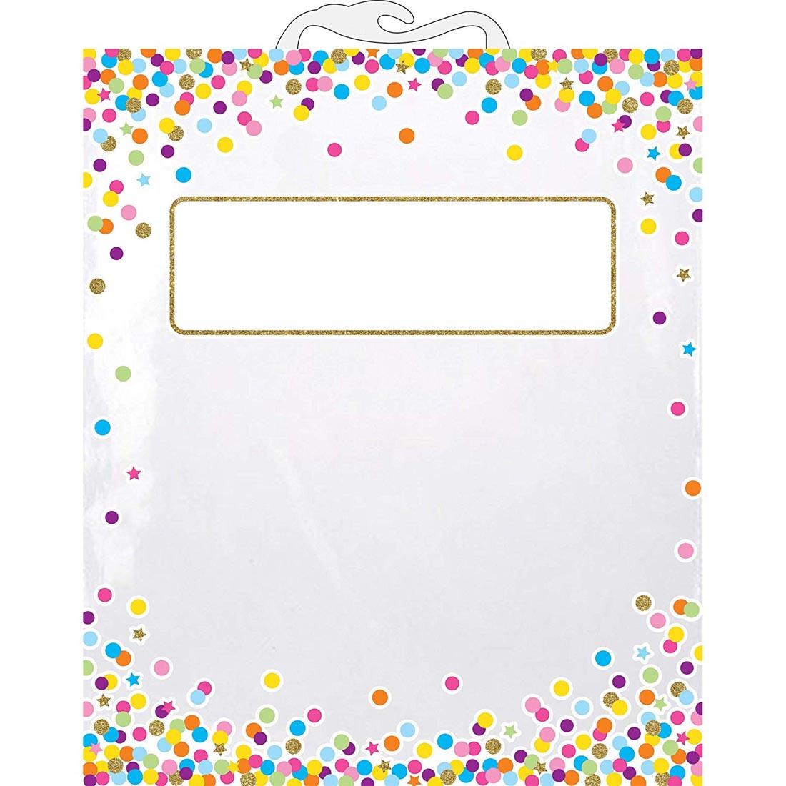 Clear plastic poly bag with plastic handle, decorated with dots and stars