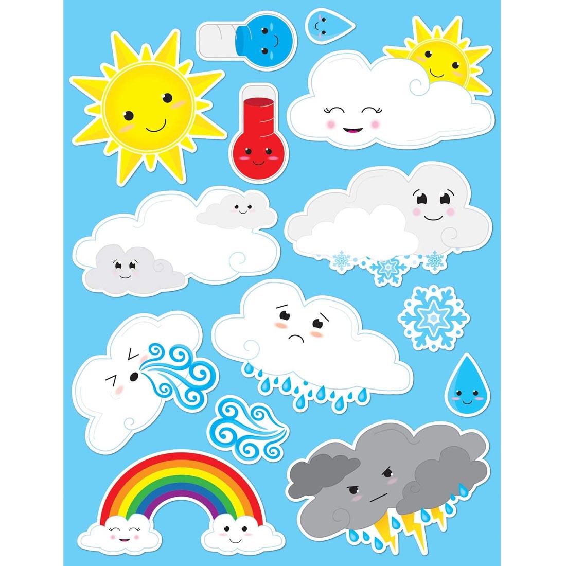 sheet of weather magnets with sun, thermometers and clouds to indicate windy, snowing, raining and more