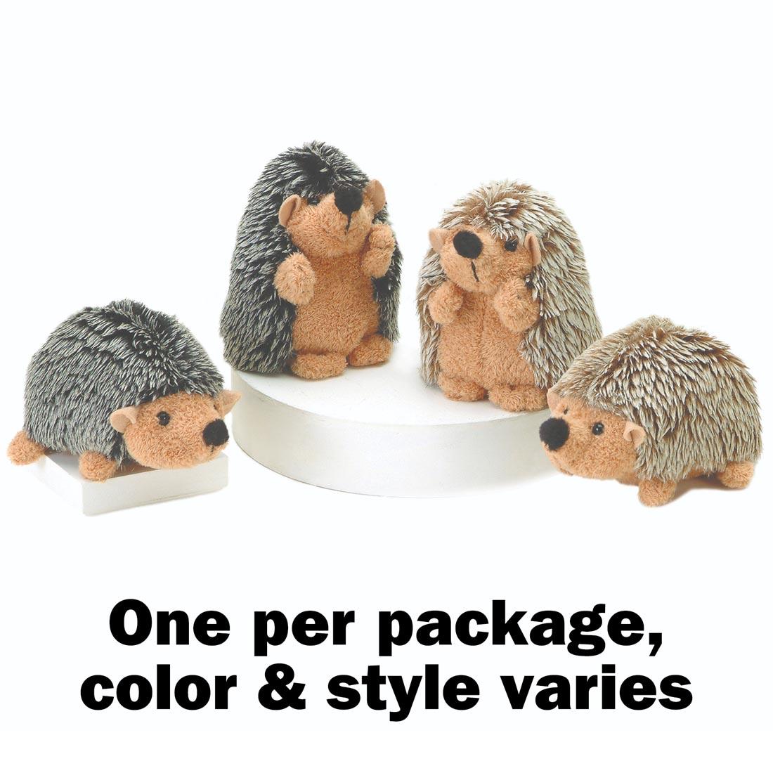 4 stuffed hedgehogs, with the words: One per package; color and style varies