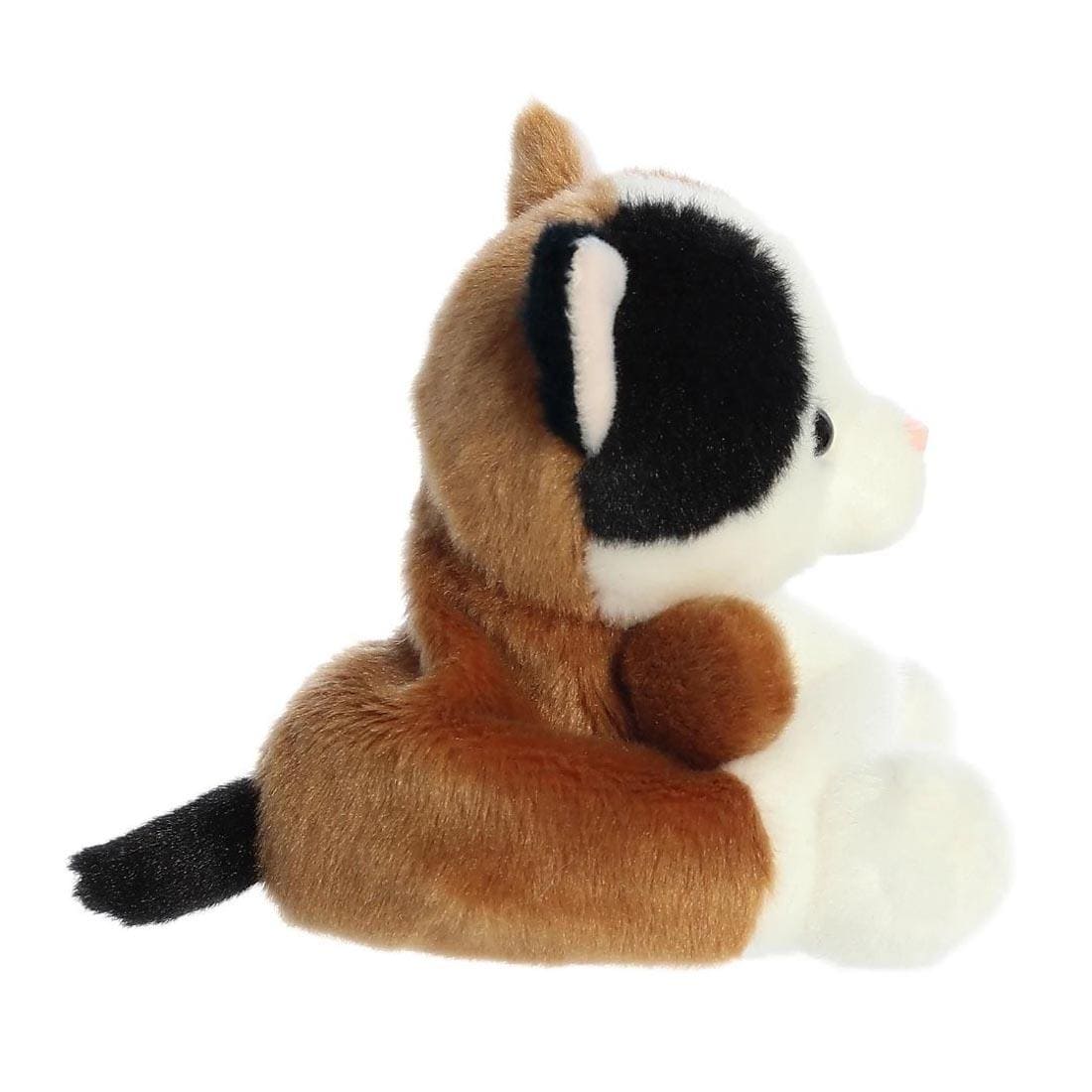 side view of Aurora Plush Peebs Calico Cat Palm Pal