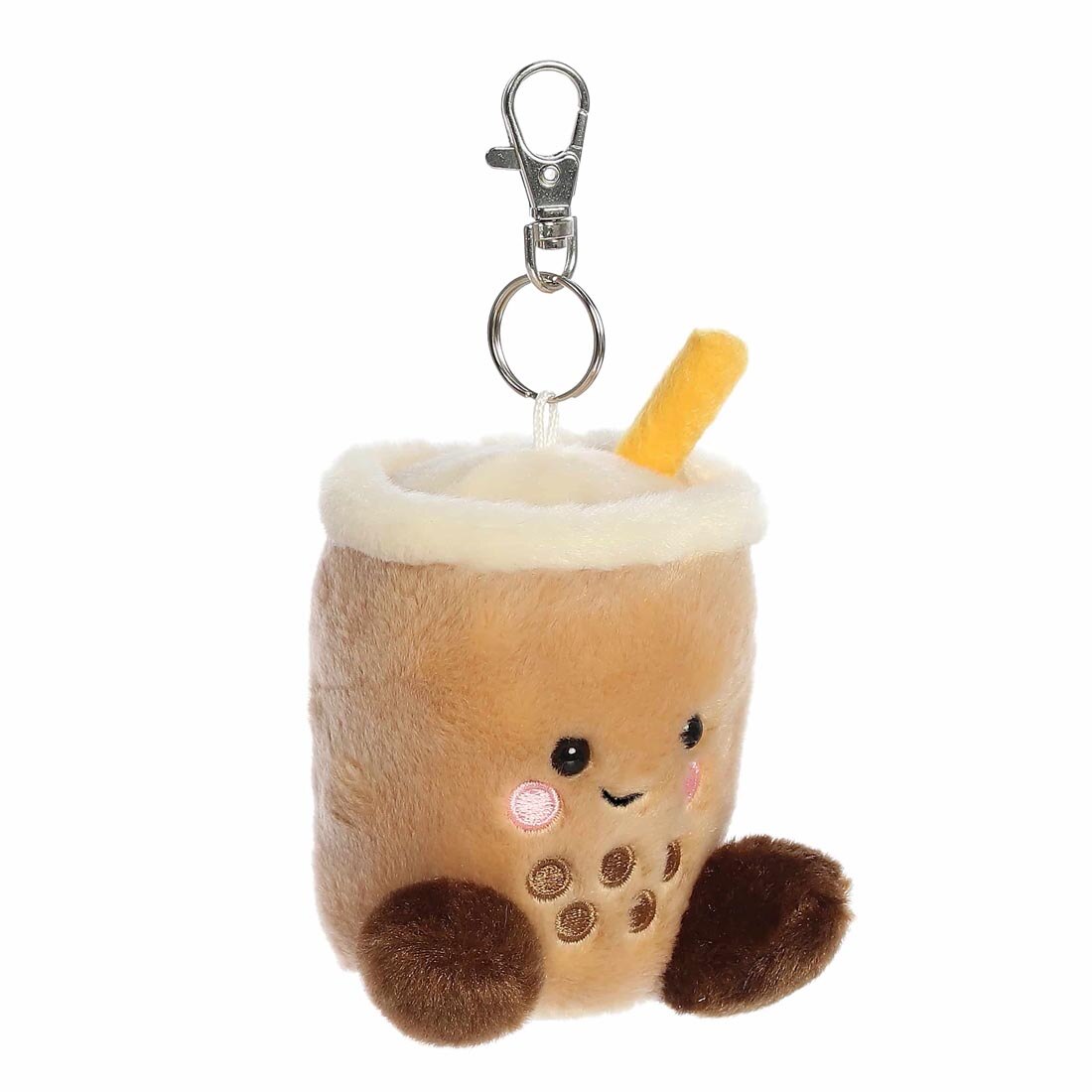 3/4 profile view of Aurora Plush Milky Tea Boba Palm Pal Clip-On