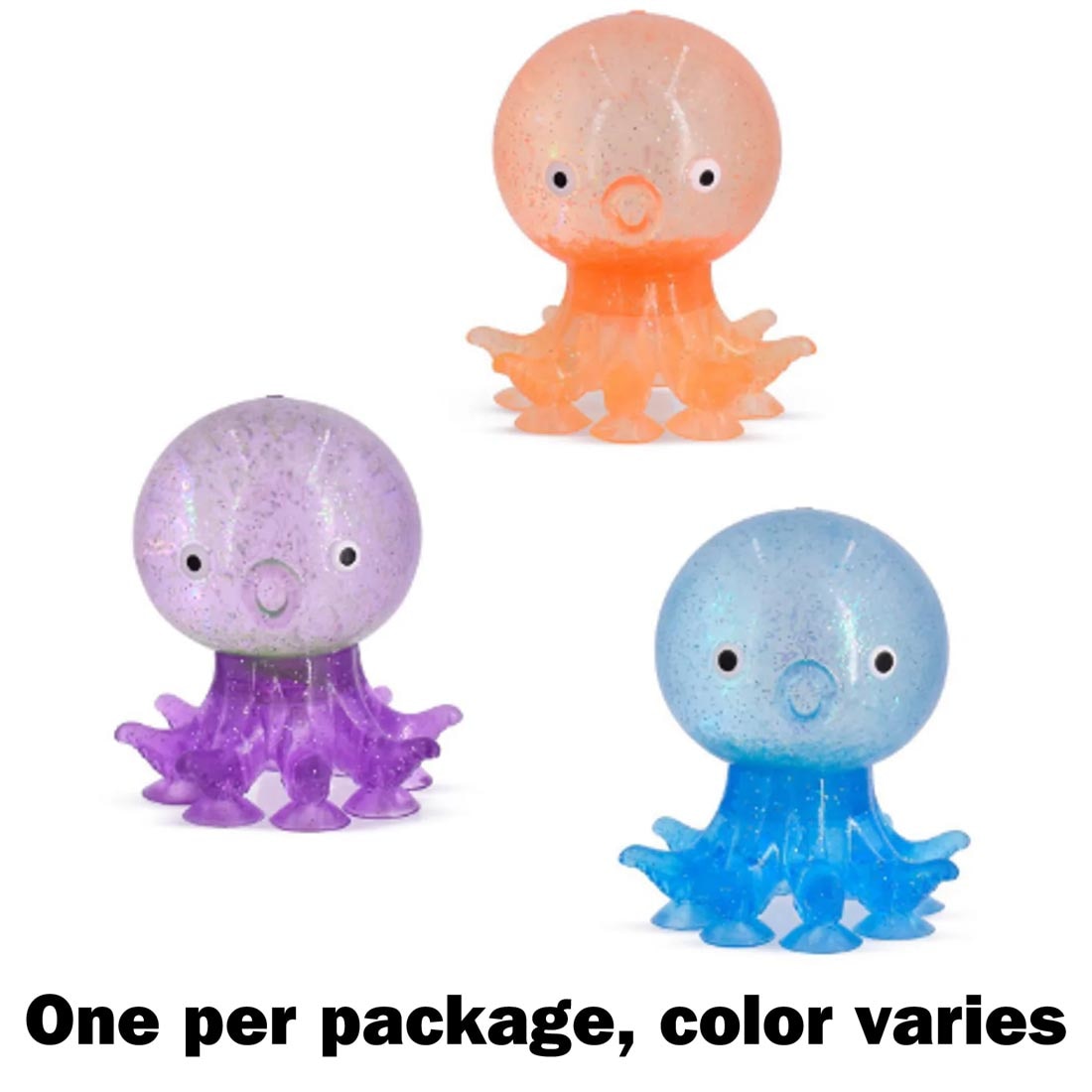 Three Sparkle Octopus Suction Squeezy Toys plus text One per package, color varies