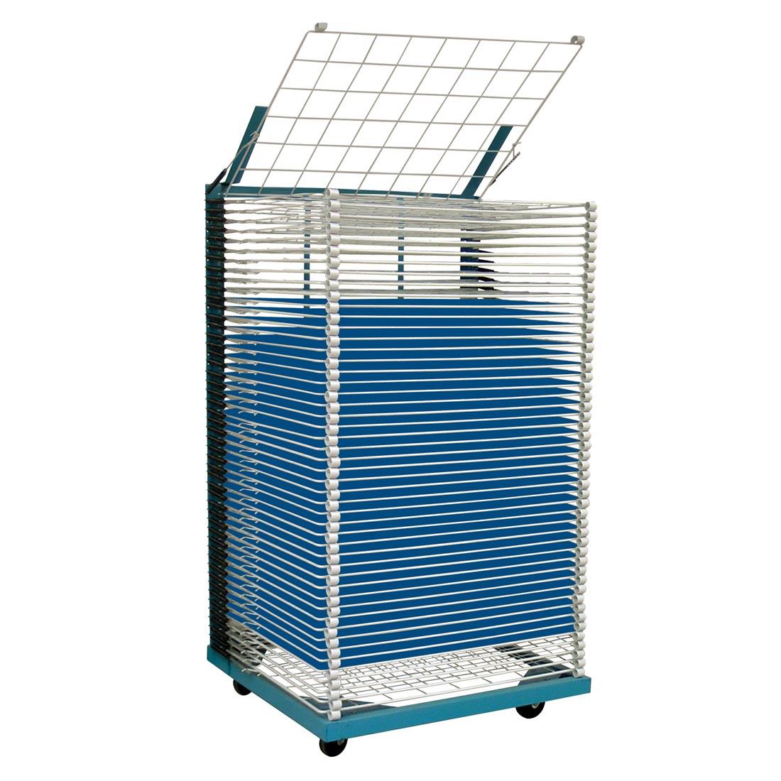 50-Shelf Drying & Storage Rack with wheels; some shelves shown with blue papers