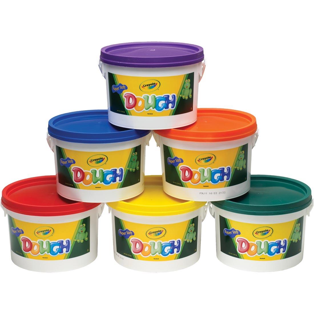 6 buckets of crayola colored dough: violet, blue, orange, red, yellow and green