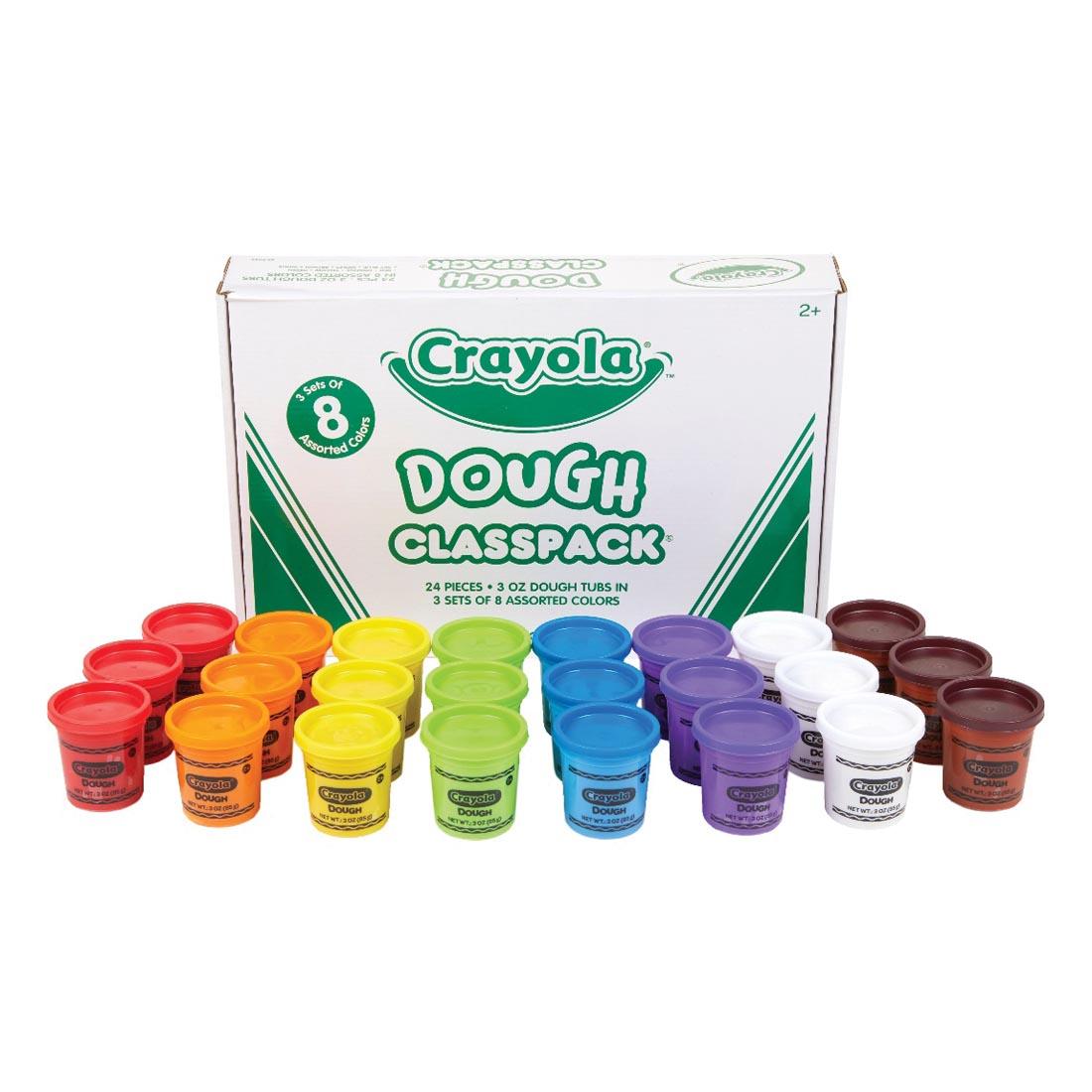 Crayola dough classpack box with jars of dough in front; three each of eight different colors