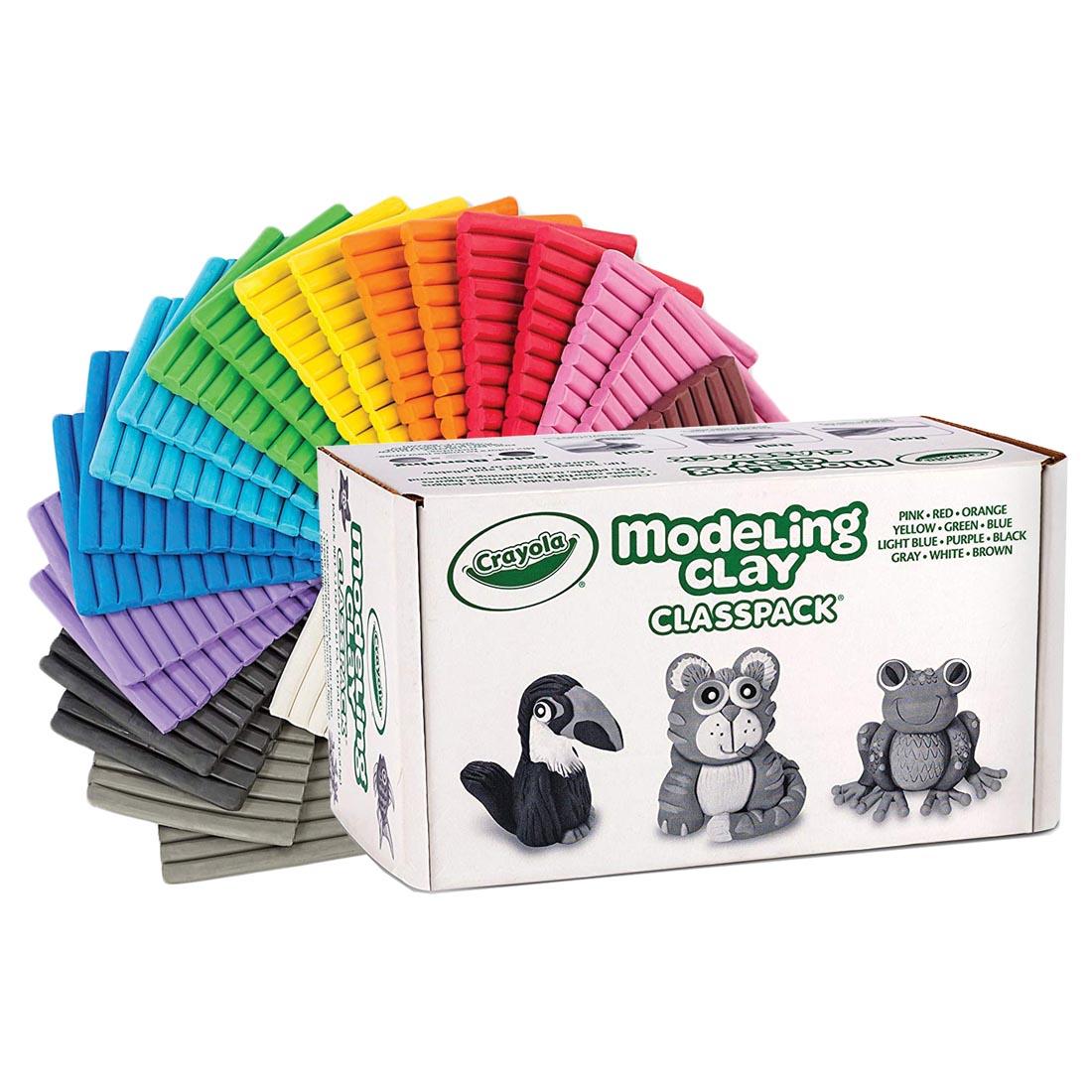 Crayola Modeling Clay Classpack box with colorful clay fanned out behind it