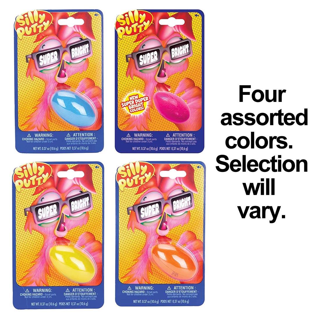 four packages of bright silly putty shown; assortment includes bright blue, hot pink, bright yellow and bright orange