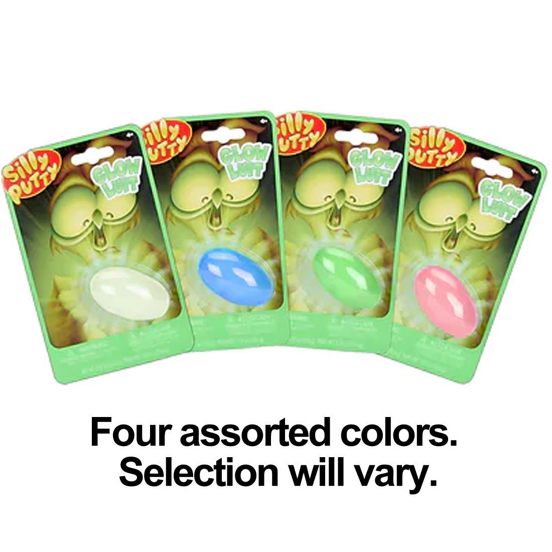 four packages of Glow Silly Putty; assortment includes white, blue, green, or pink eggs