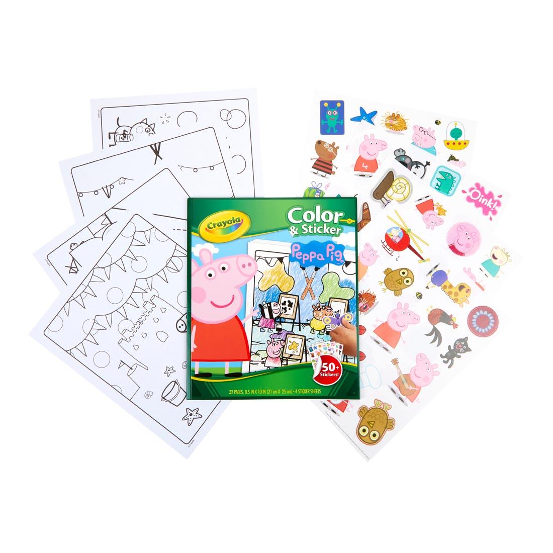 Crayola Peppa Pig Color & Sticker Pages, showing sample coloring pages and sticker sheets