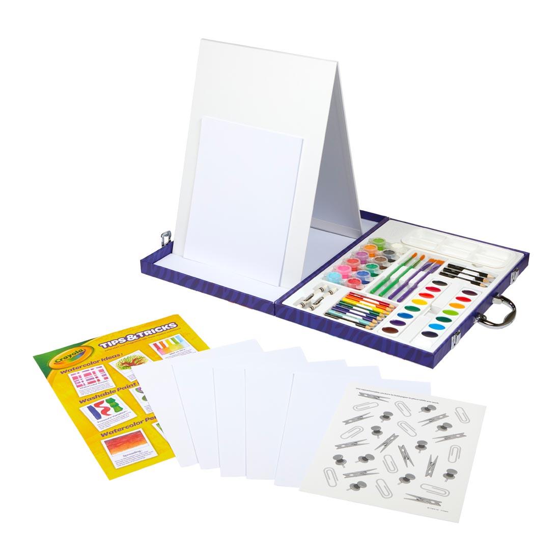 Crayola Paint & Create Easel Case, showing easel propped up and included art supplies