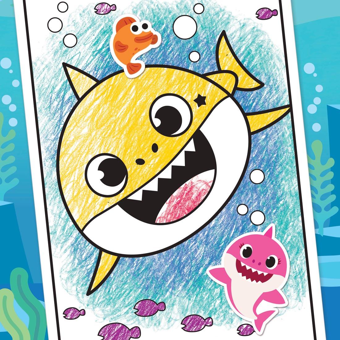 colored and stickered sample page from Crayola Baby Shark Coloring Book