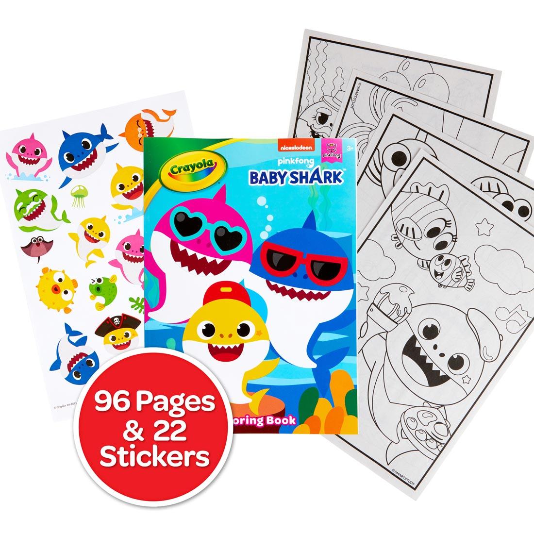 cover, example pages and sticker sheet from Crayola Baby Shark Coloring Book