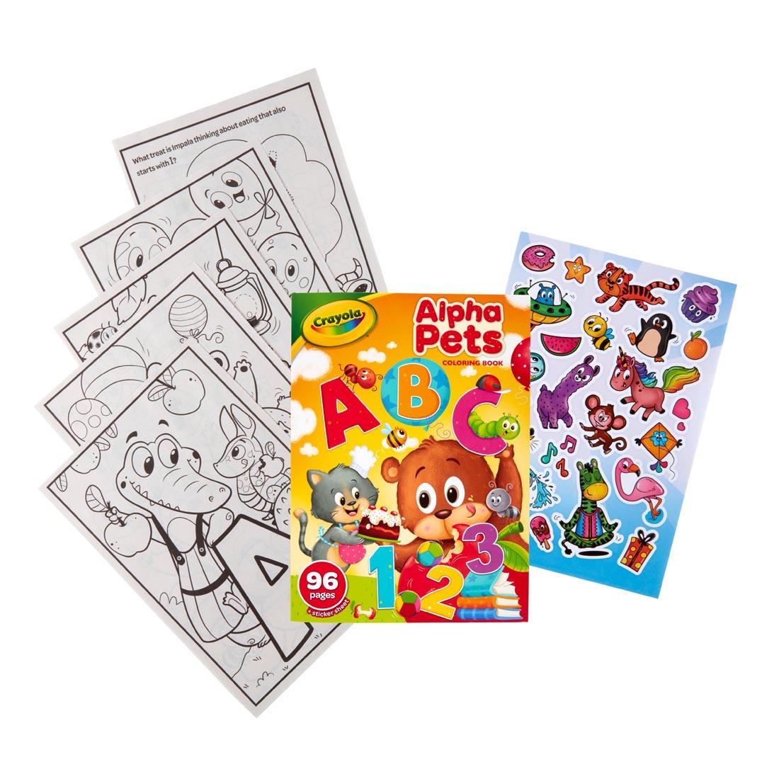 cover of Crayola Alpha Pets Coloring Book shown with sample pages and included sticker sheet