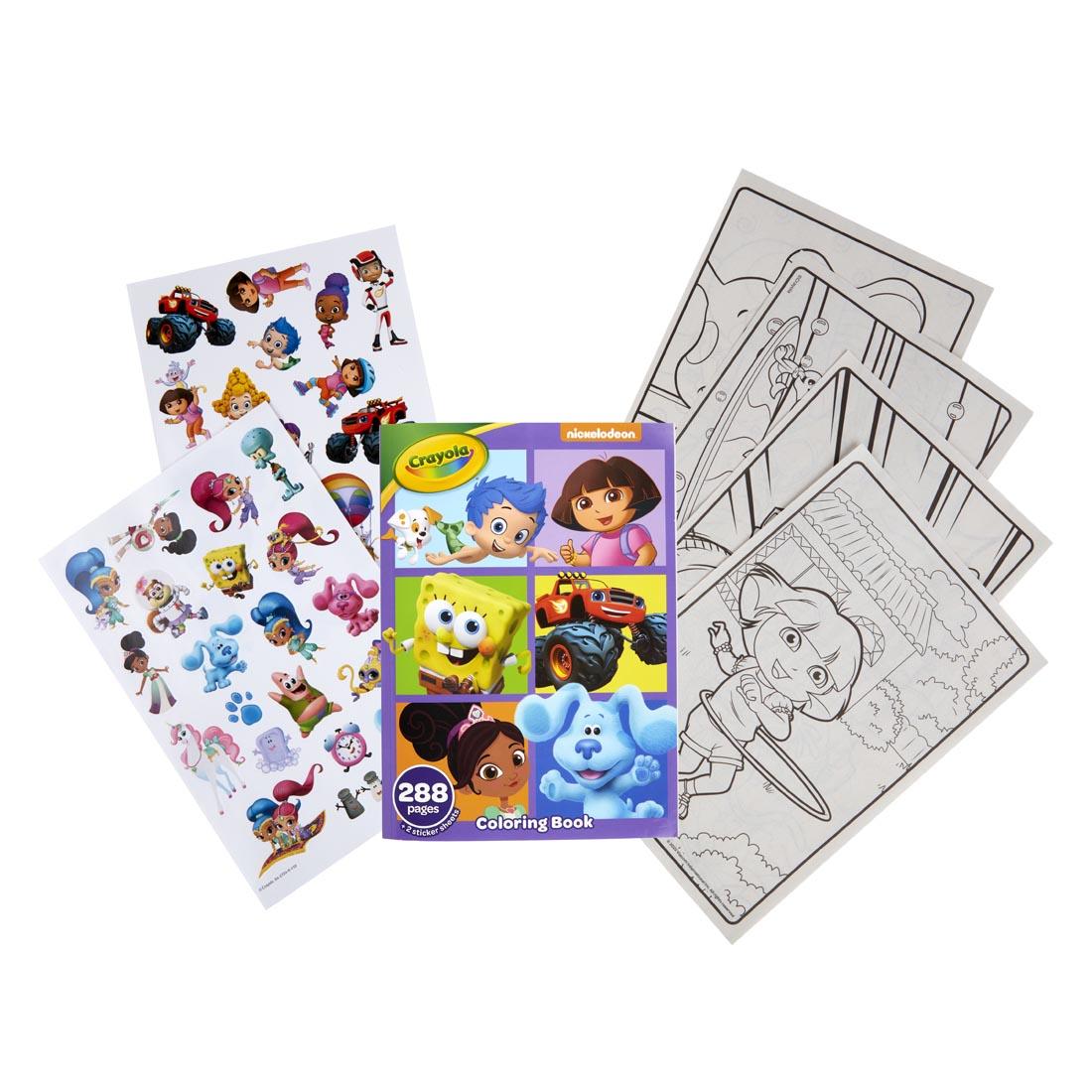 cover of Crayola Nick Jr. Coloring Book shown with sample pages and the included sticker sheet