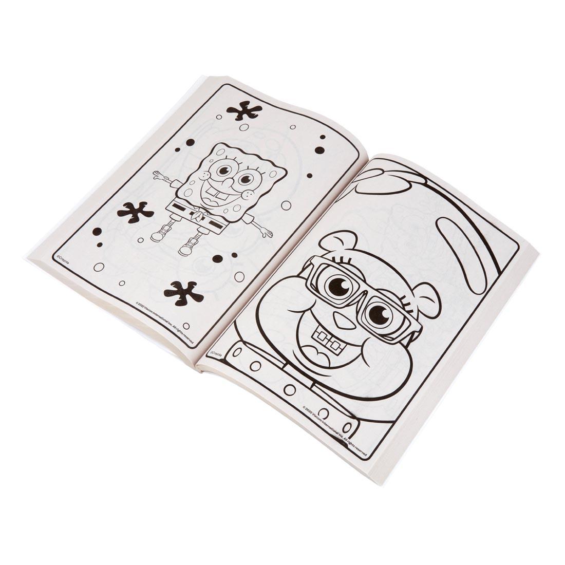 Crayola Nick Jr. Coloring Book open to sample pages of SpongeBob and Sandy squirrel