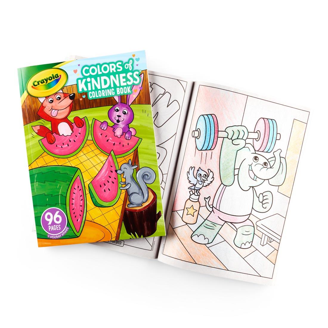 front cover of the Crayola Colors of Kindness Coloring Book with a completed example of a page