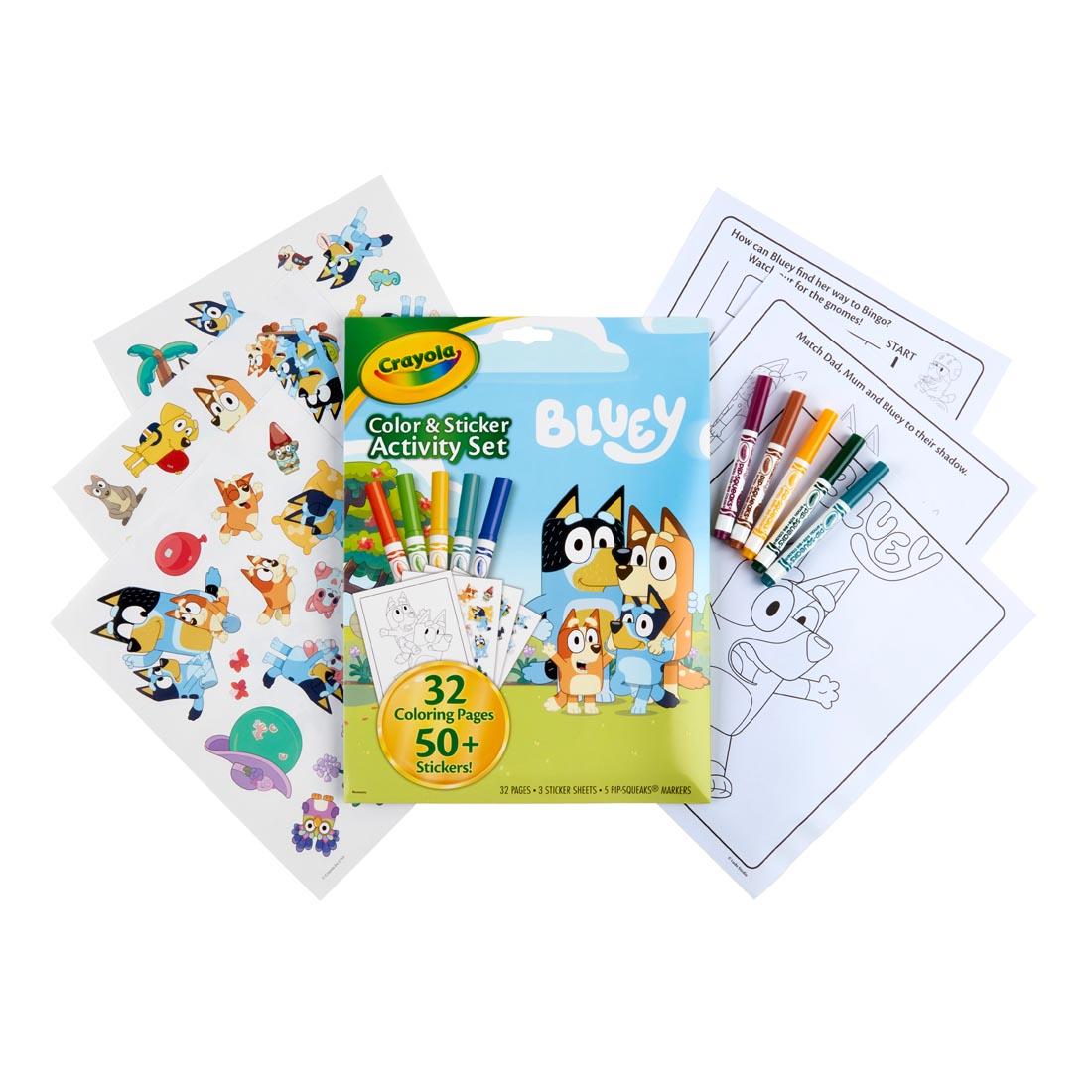 Crayola Bluey Color & Sticker Activity Set with contents of pages, stickers and markers outside the package