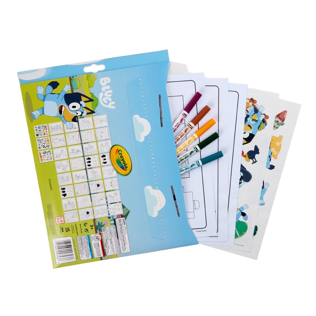 back of package of Crayola Bluey Color & Sticker Activity Set with some contents spilling out
