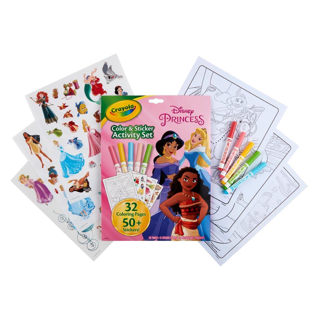 Crayola Disney Princess Color & Sticker Activity Set with contents of pages, stickers and markers outside the package