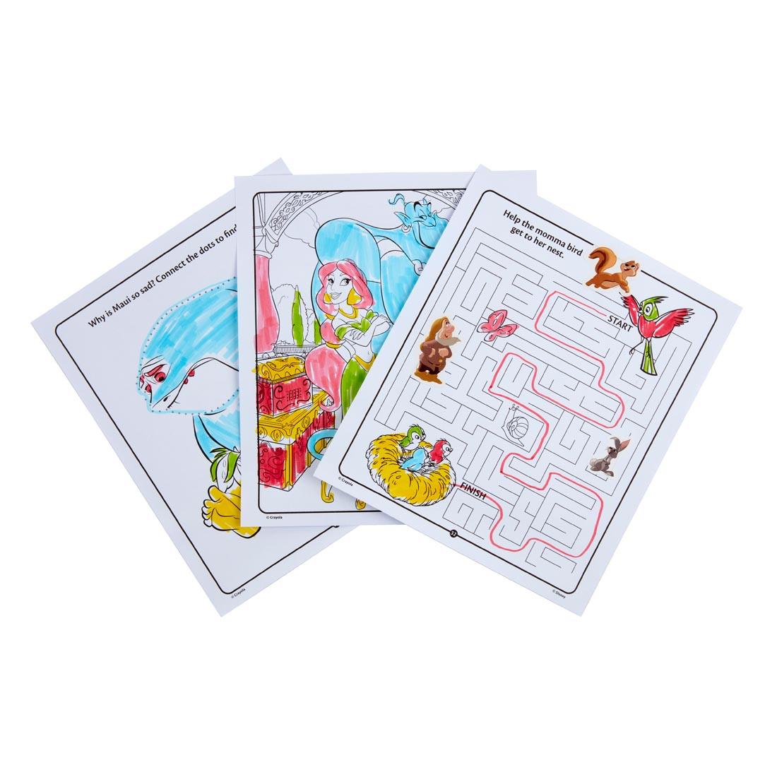 examples of completed pages from the Crayola Disney Princess Color & Sticker Activity Set
