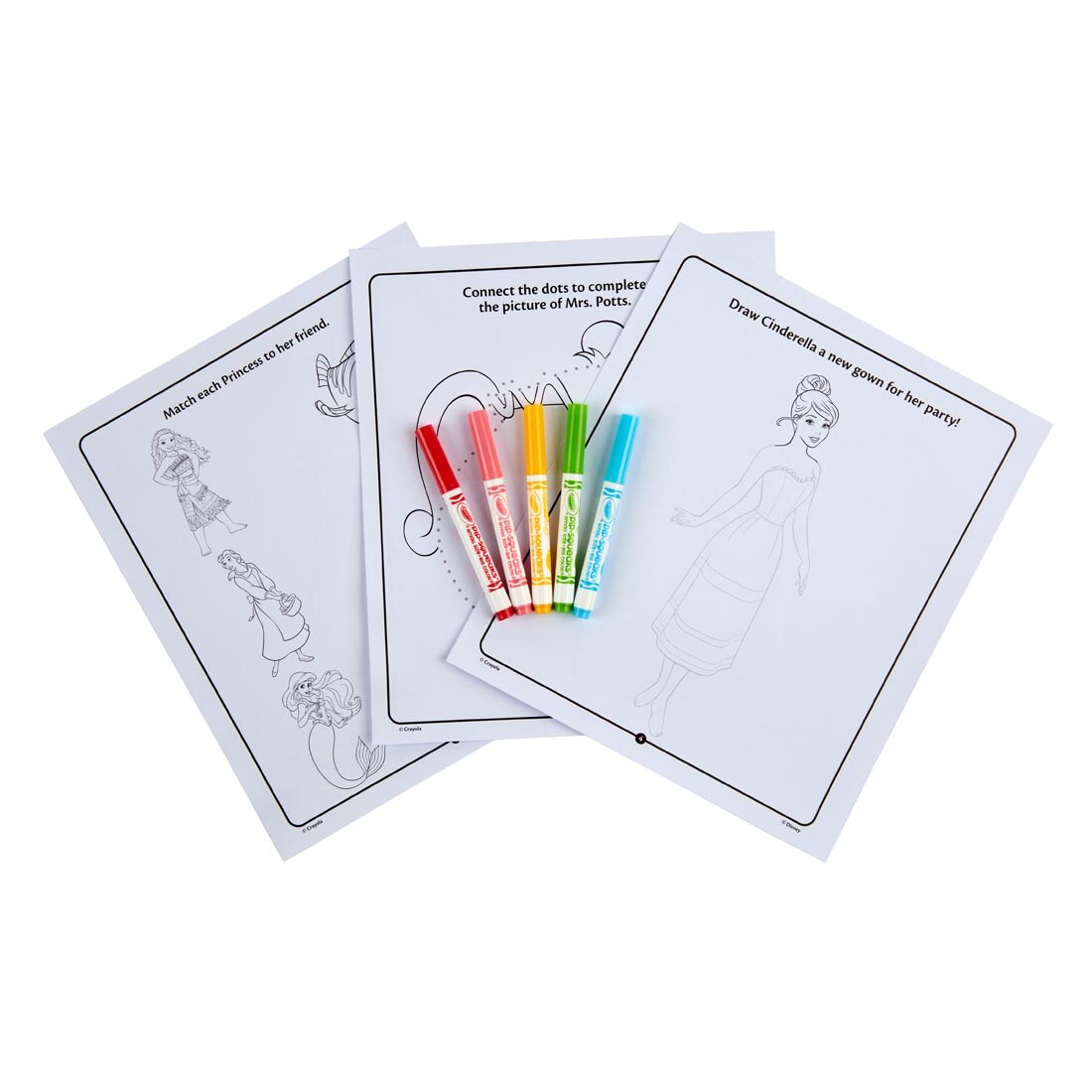 three coloring sheets and markers from the Crayola Disney Princess Color & Sticker Activity Set